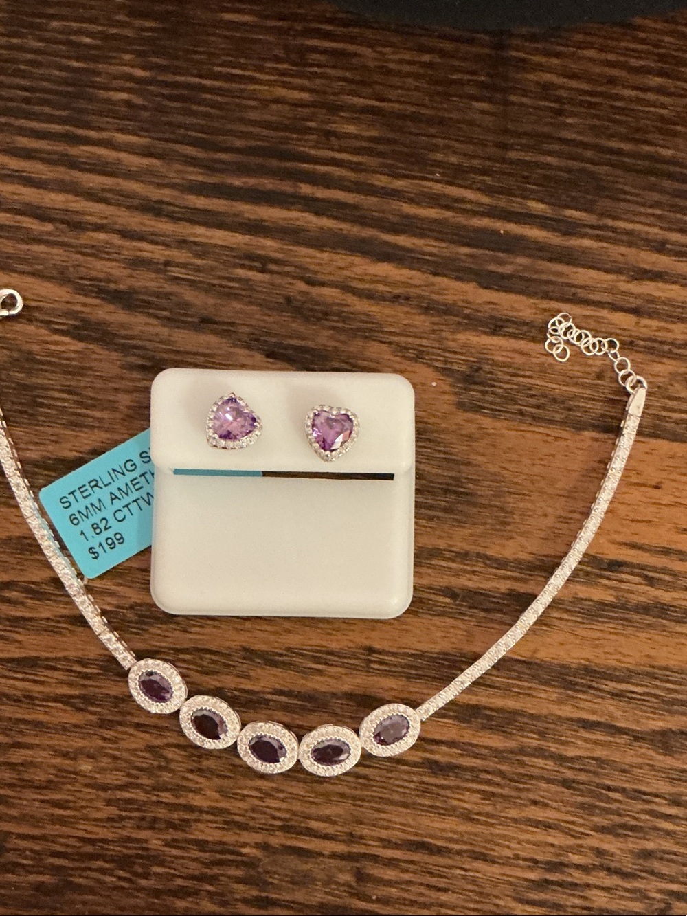 Sterling Silver Amethyst Bracelet and Heart Stud Earrings Set - Purple